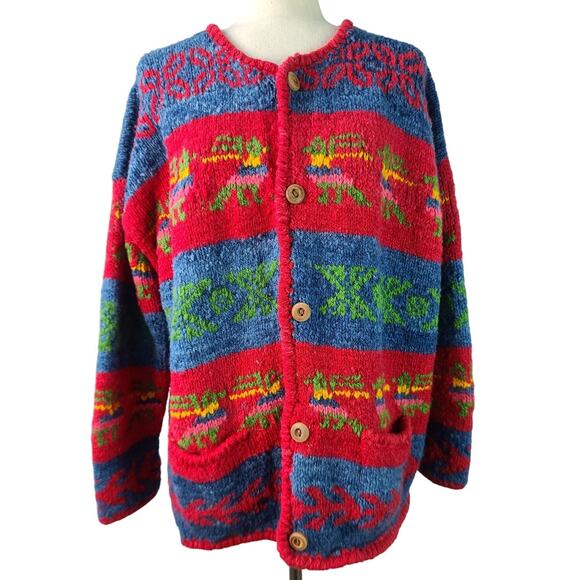 Express Tricot Red Blue Green Abstract Southwest Aztec Hand Knit Wool Sweater M - Picture 1 of 4